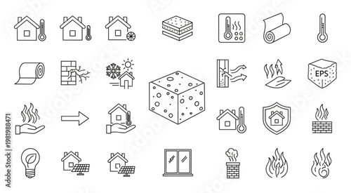 Collection of house insulation and energy efficiency icons for design.