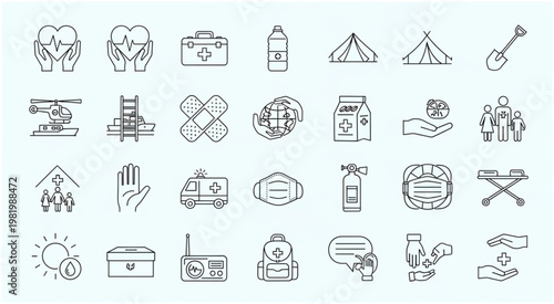 Emergency and disaster relief icons representing essential supplies and aid for survival.