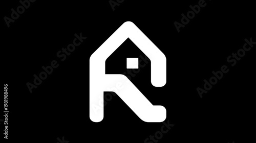 Minimalist white abstract letter R combined with house symbol on black background, modern real estate graphic design element
