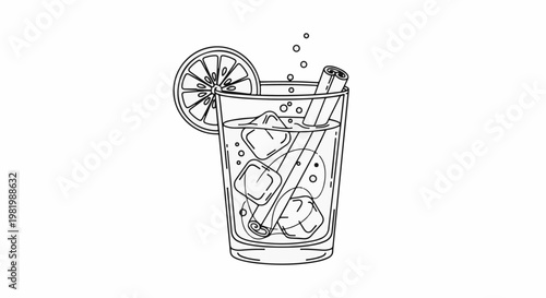 Stylized drawing of a refreshing beverage with ice, citrus, and spice