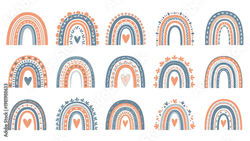 Extensive set of decorative rainbows with various textures, heart motifs, and earthy color palettes for creative nursery design projects.