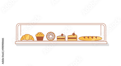 Bakery display with assorted pastries cakes and bread in a minimalist style