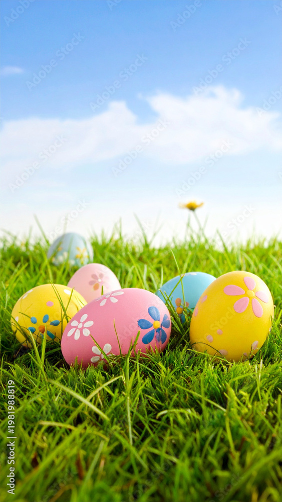 Fototapeta premium Several colorful, flower-patterned Easter eggs sit nestled in lush green grass beneath a bright blue sky with soft white clouds. Ai