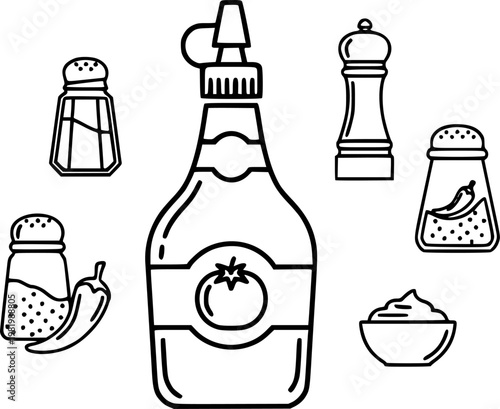 Tomato sauce bottle and condiment seasoning symbol for fast food and restaurant dining ingredient featuring a simple black line art ketchup pictogram – Black Vector Illustration