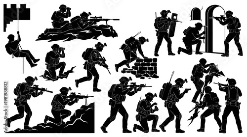 Black and white vector illustrations of soldiers in action, military theme