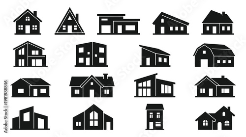 Real Estate Housing Glyph House Icons Set: Black and White Home Building Silhouettes