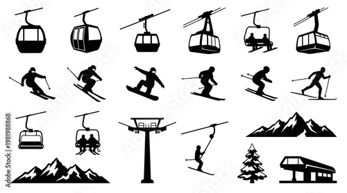 Winter Sports Skiing Snowboarding Black Silhouette Glyphs Icon Set