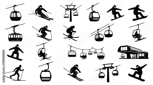 Winter Sports Skiing Snowboarding  Ski Lifts Glyph Icons Collection