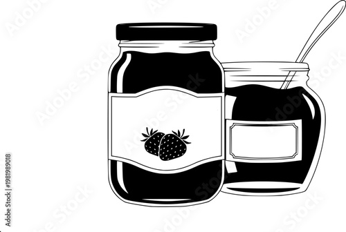 Fruit preserve jar and sweet breakfast spread glass container symbol for kitchen condiment and strawberry jelly pantry ingredient – Black Vector Illustration