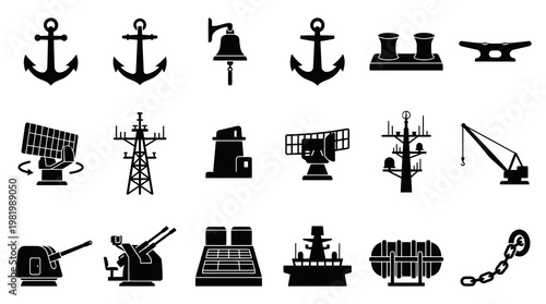 Naval and Maritime Ship Equipment Black and White Glyph Icons Set