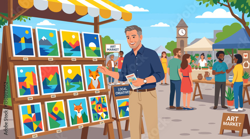 Mature man browsing colorful geometric landscape prints at a bustling outdoor art market, vector illustration.
