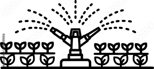 Agricultural watering system and farm sprinkler equipment symbol for crop growth and garden cultivation featuring a simple black line art irrigation pictogram – Black Vector Illustration