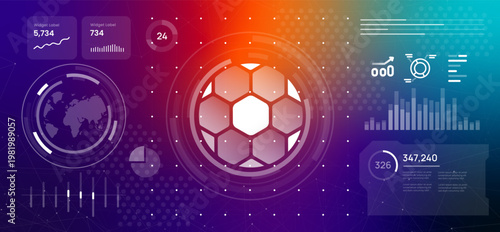 soccer football ball icon with digital data analytics and global performance statistics on futuristic background for professional sports analysis match results metrics visualization