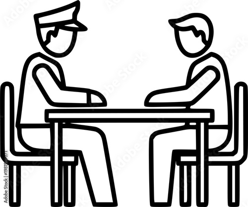 Police questioning and detective investigation symbol for criminal suspect interview and law enforcement mystery design featuring a simple black line art interrogation pictogram – Black Vector Illustr