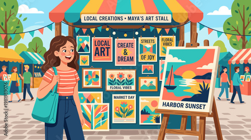 Young woman smiling while exploring a colorful local art stall displaying nature prints, vector illustration.