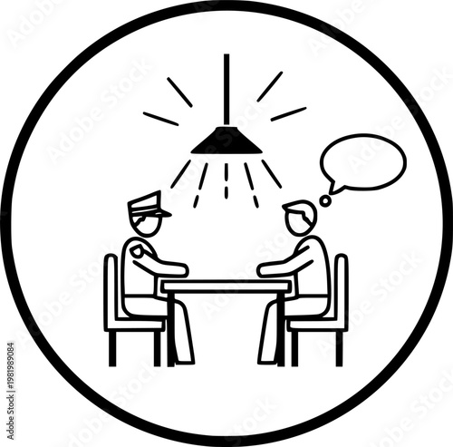 Police questioning and detective investigation symbol for criminal suspect interview and law enforcement mystery design featuring a simple black line art interrogation pictogram – Black Vector 
