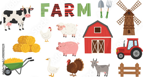Rustic Countryside Farm Vector Set Featuring Red Barn, Tractor, Windmill, and Livestock Icons for Children's Educational Design and Rural Life Branding