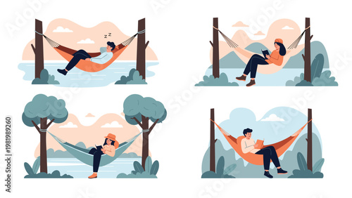 Peaceful collection of illustrations showing people relaxing, reading books, and napping in hammocks hung between trees by the water.