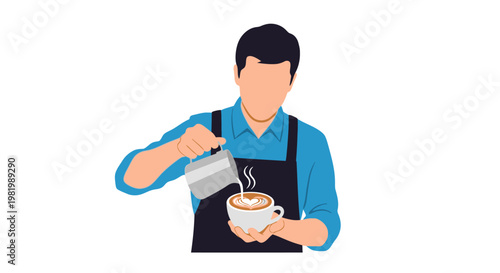 Barista pouring latte art in coffee cup isolated on white background