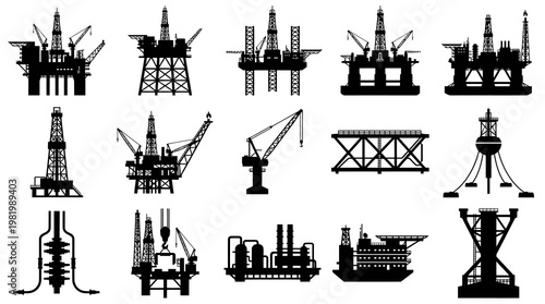 Energy Industry Oil Rig Offshore Platform Drilling Structures Silhouette Icons