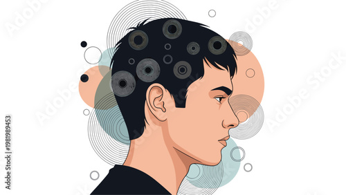 Profile silhouette of a young man with abstract circular patterns and geometric shapes floating around and inside his mind.