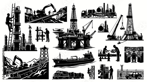 Oil and Gas Industry Silhouettes: Petroleum Operations, Infrastructure  Workers Icon Set