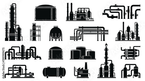 Industrial Silhouettes: Oil Gas Plant, Refinery, Chemical Factory, Pipeline