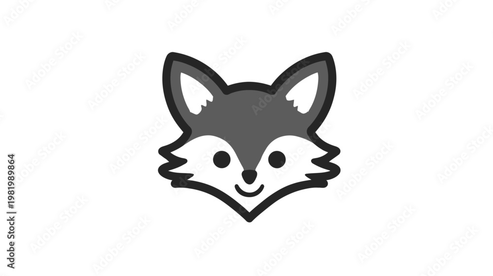 Fototapeta premium Simple cartoon fox head illustration, cute wild animal face icon in grey and white, minimalist vector graphic.