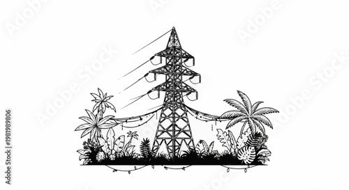 Stylized electricity tower surrounded by lush tropical foliage