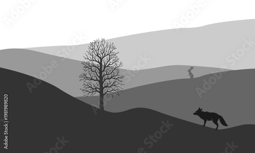 Gray silhouette of a fox chasing a rabbit across rolling hills with bare tree and layered misty mountain landscape, ideal for wildlife, nature, and predator-prey themed designs