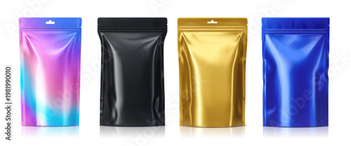 Food pouch foil bags in black, gold, blue, and holographic gradient for snacks, coffee, tea or dry products, isolated on white. Vector set of realistic 3d stand up packaging mockups with zipper locks