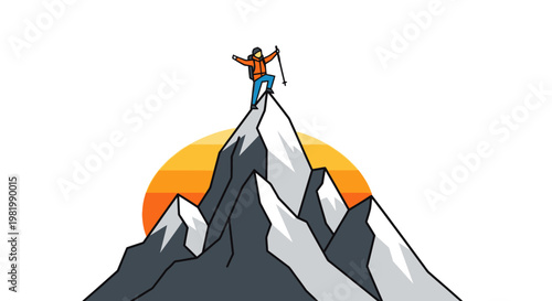 Hiker stands triumphant atop mountain peak against orange sunset vector illustration
