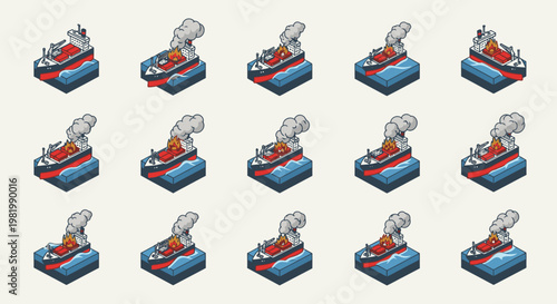 Isometric pixel art animation frames of a warship or battleship with smoke billowing, depicting various stages of damage or movement on the water.