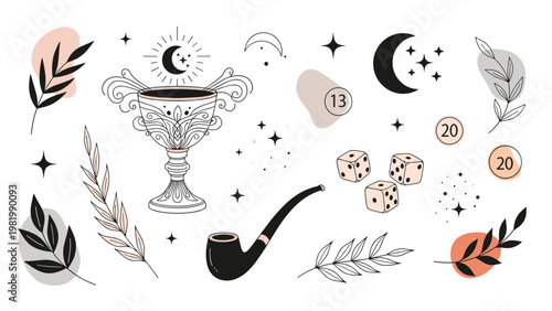 Collection of mystical objects including an ornate cup, smoking pipe, dice, coins, and leafy branches for adventure and magic themes.