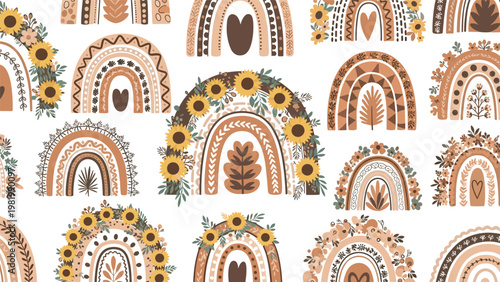 Seamless pattern with boho rainbows and sunflowers decorated with brown hearts and green leaves for nursery room decorations.