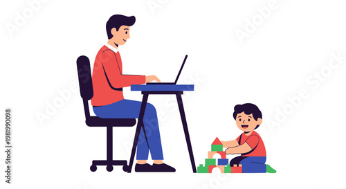 Father works on laptop while child plays with blocks illustration