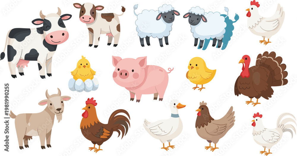 Fototapeta premium Farm Animal Family Vector Set Featuring Cows Sheep Pigs Goat Turkey Duck Rooster and Cute Chicks for Agricultural Education Nursery Themes and Commercial Graphic Designs