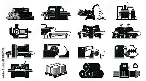 Paper Industry Production Process Black and White Solid Glyph Icons