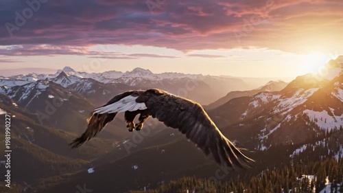 Majestic eagle soaring over mountain range at sunset with panoramic view