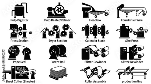 Paper Mill Equipment Icons - Black and White Line Art - Industrial Process