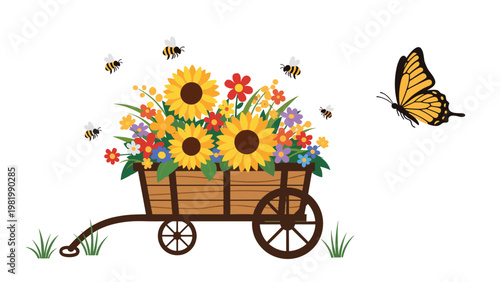 Small wooden cart filled with bright sunflowers and colorful wildflowers with bees and a butterfly flying around it in a garden.