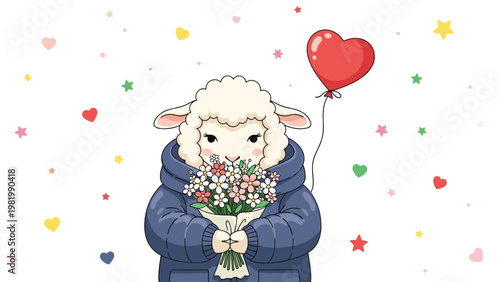 Sheep wearing a blue puffer jacket holds a bouquet of spring flowers while a red heart balloon floats nearby against a starry sky.