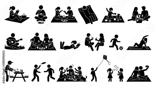 Black and White Glyph Icons: Outdoor Leisure, Picnic  Recreation Activities Set