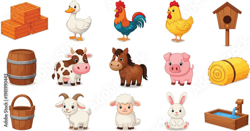 Farm Life Vector Collection Featuring Cow Horse Pig Sheep Goat Duck Rooster Rabbit and Agricultural Elements Like Hay Barrel and Birdhouse for Rural Designs