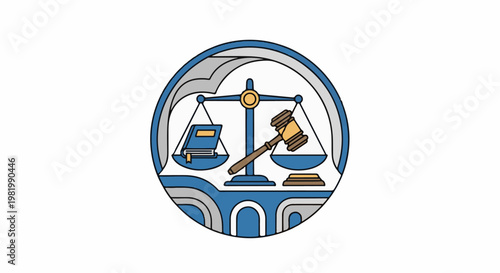 Stylized emblem of justice with scales, gavel, and law book