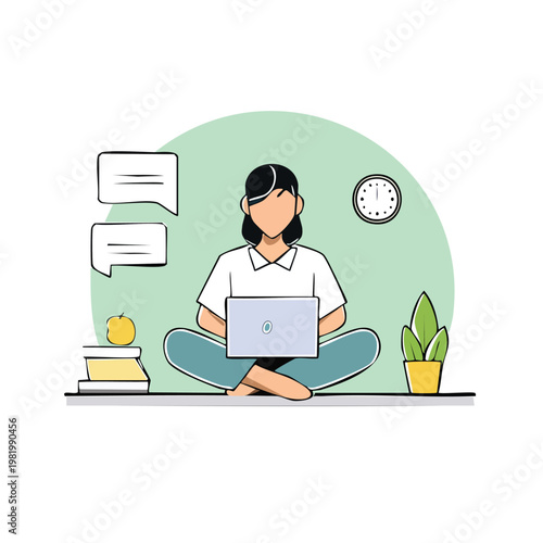 Remote worker, woman on laptop, sitting cross-legged, speech bubbles, modern minimalist style