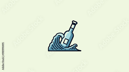Minimalist illustration of a generic glass bottle floating on blue ocean waves, adrift at sea. Flat design graphic conveying a message or distress.