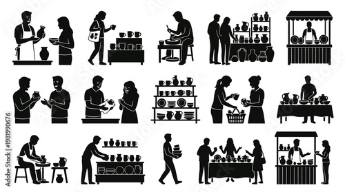 Pottery Market Silhouettes: Artists, Crafts, and Sales in Black and White