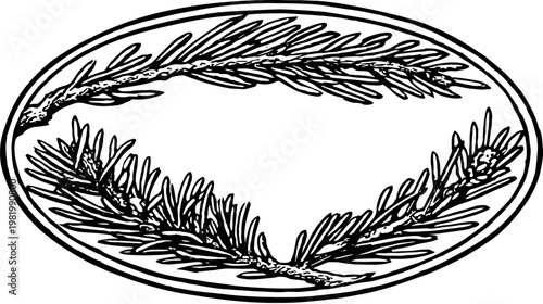A detailed, monochrome illustration of a decorative botanical design, enclosed within an oval border