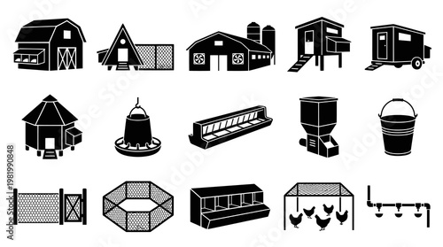 Black  White Glyph Icons of Chicken Coop and Farming Equipment